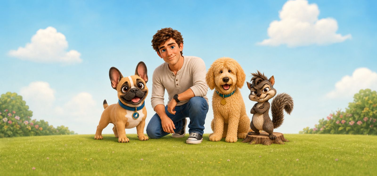 Pickles, Jake, Macki and Bryan together on a sunny lawn