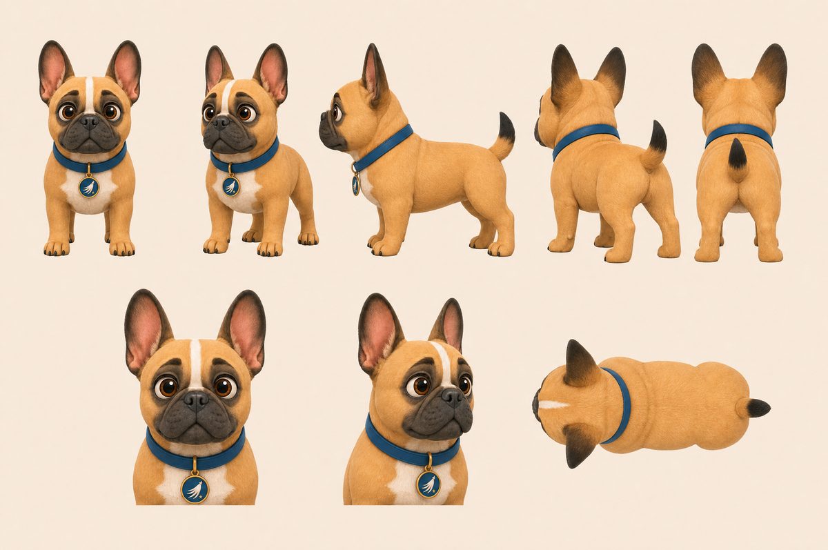 Pickles character sheet: front, side, back and close-up views of Pickles