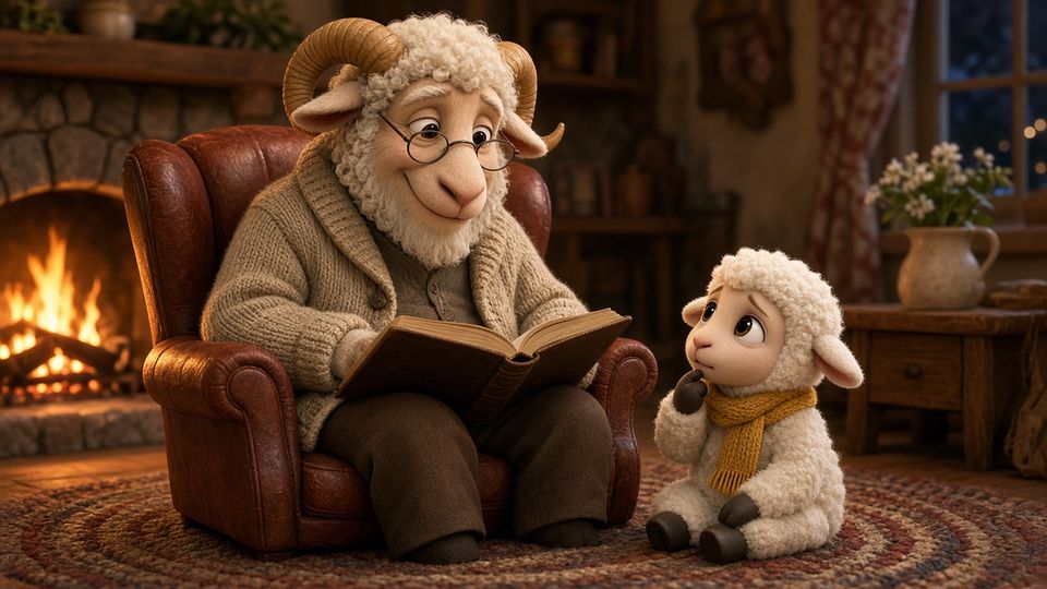 Grandpa Ram, a gentle ram in round glasses and a cardigan, reads from a big book in his armchair by the fire while Pip the Lamb, in a mustard scarf, listens.