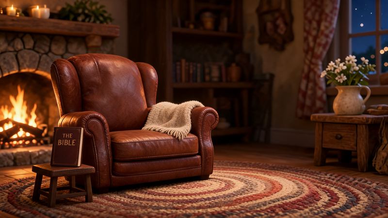 Grandpa Ram's cozy living room: a leather armchair with a knitted blanket beside a crackling stone fireplace, a Bible on a little stool, and a braided rug in the firelight.