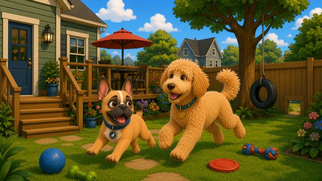 Pickles and Macki running across a sunny backyard