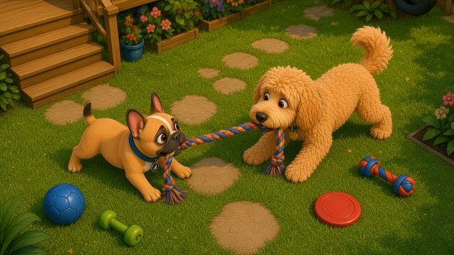 Pickles and Macki playing tug-of-war with a rope toy