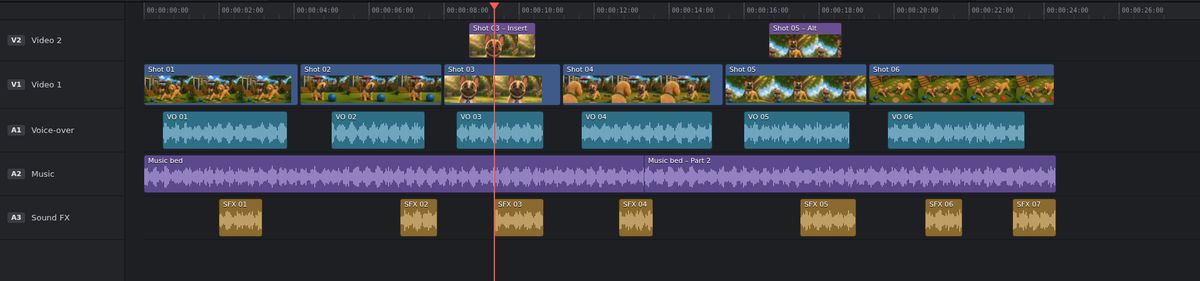 Edit timeline with Pickles shots on two video tracks, plus voice-over, music, and sound effect tracks