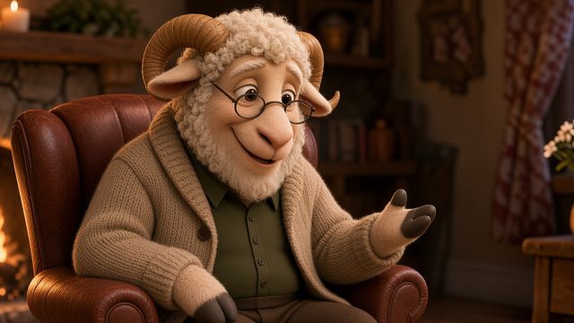 Grandpa Ram in his armchair by the fire, telling a story