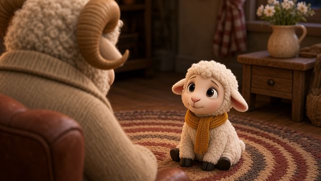 Pip in her mustard scarf, sitting on the rug and listening to Grandpa Ram