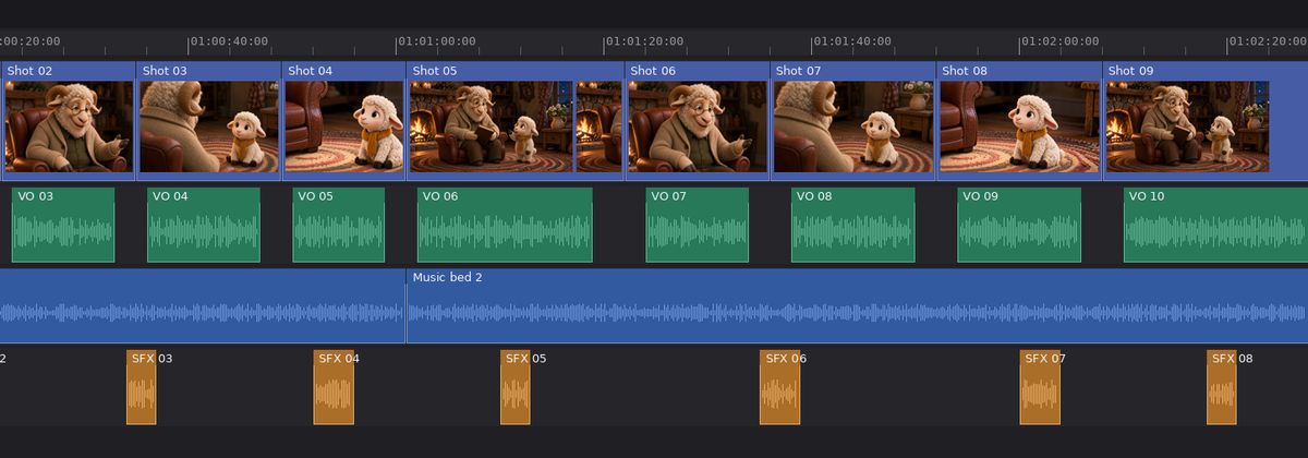 Edit timeline with Pip shots on the video track, plus voice-over, music, and sound effect tracks