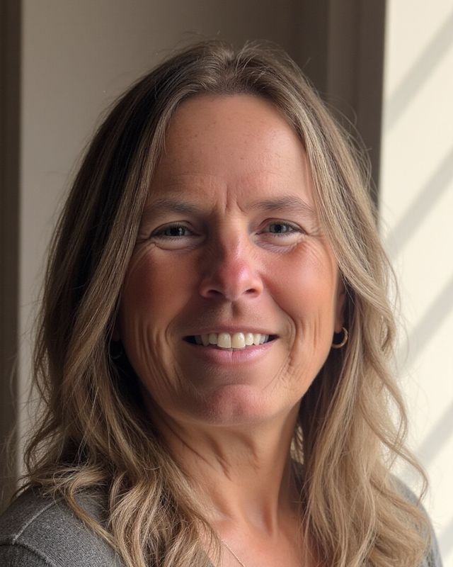 Tracy-Lynn Bergeron, smiling by a sunny window, in a gray V-neck sweater