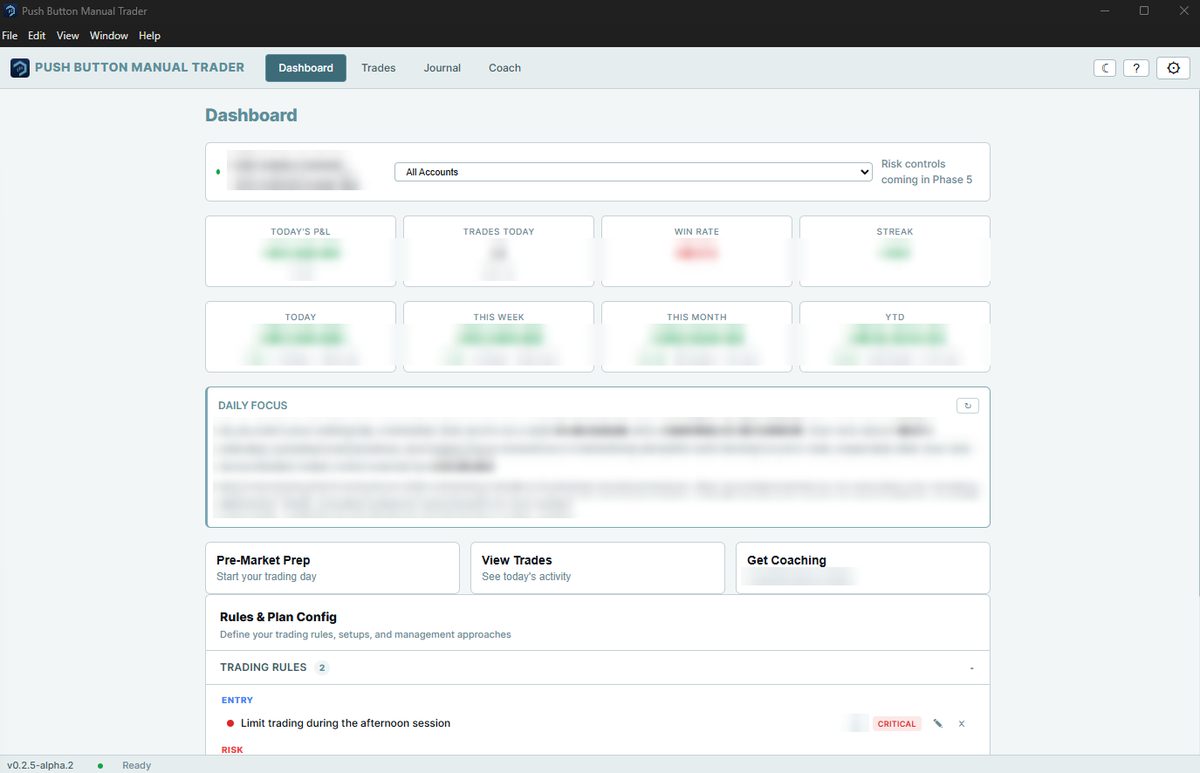 Push Button Manual Trader dashboard with stat cards, a daily focus panel, quick-action buttons, and a list of trading rules