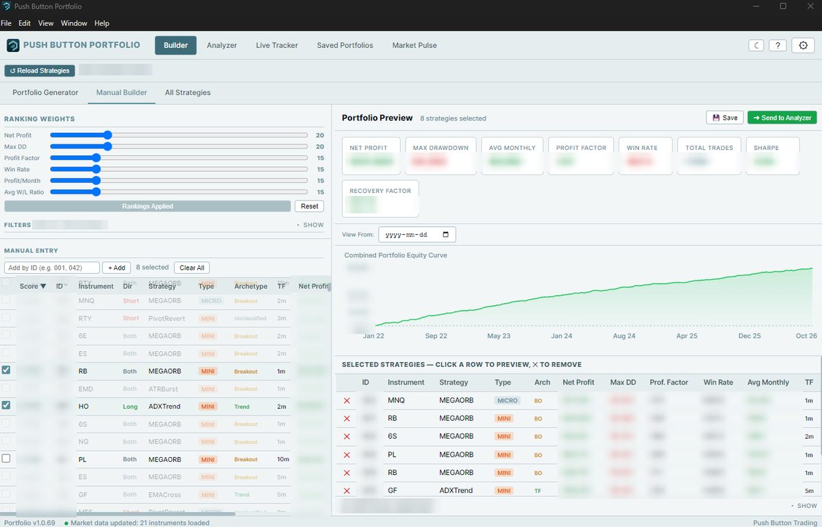 Push Button Portfolio window with ranking sliders, a strategy list, summary cards, an equity curve, and a table of selected strategies
