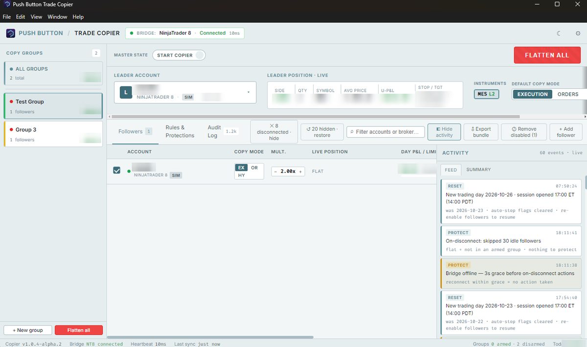 Push Button Trade Copier window with copy groups, the leader account and position, a followers table, and an activity feed