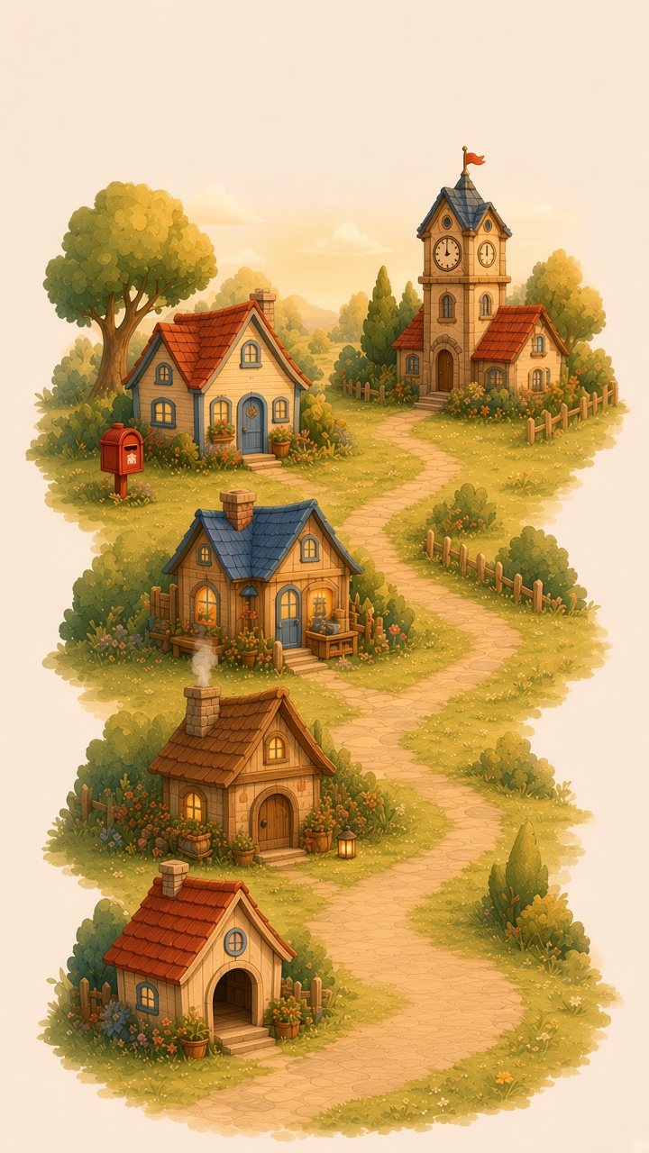 A hand-painted storybook village: a dog house, a cozy stone cottage with a glowing window, an animation workshop, a post office with a red mailbox, and a clock tower, joined by a winding path. A little wooden garden gate stands where the path leaves the village.